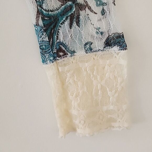 Y2K 90's Blue Floral Semi Sheer Mesh Tulle Beige Lace Trim Fitted Henley Top S E - Picture 5 of 10